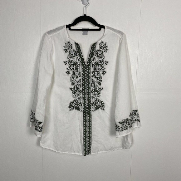 Chico's Tops Chicos Womens White Embroidered Blouse Linen Blend 34